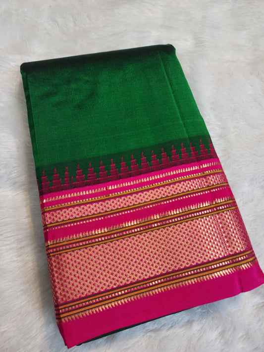 Emerald Green Gadwal Ilkal Pure Silk Saree with Small Temple Border