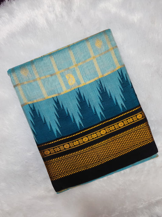 Aqua Blue & Black Contrast Silk Saree