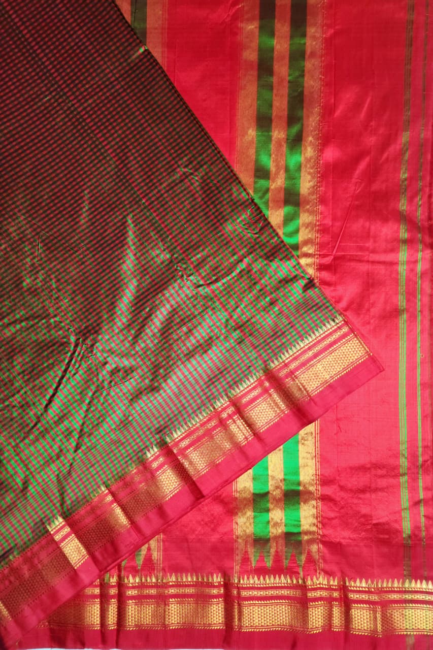 red green Checks Gadwal Ilkal Silk Saree