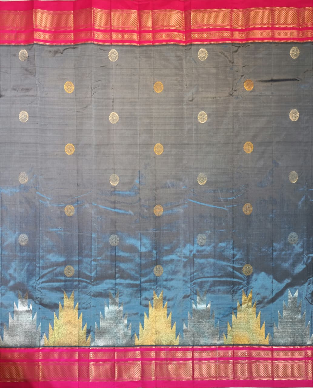 Steel Grey Gadwal Ilkal silk with Two-Colour Zari Temple Tower Border