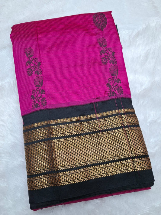 Rani pink & black Ilkal saree with with floral weavings