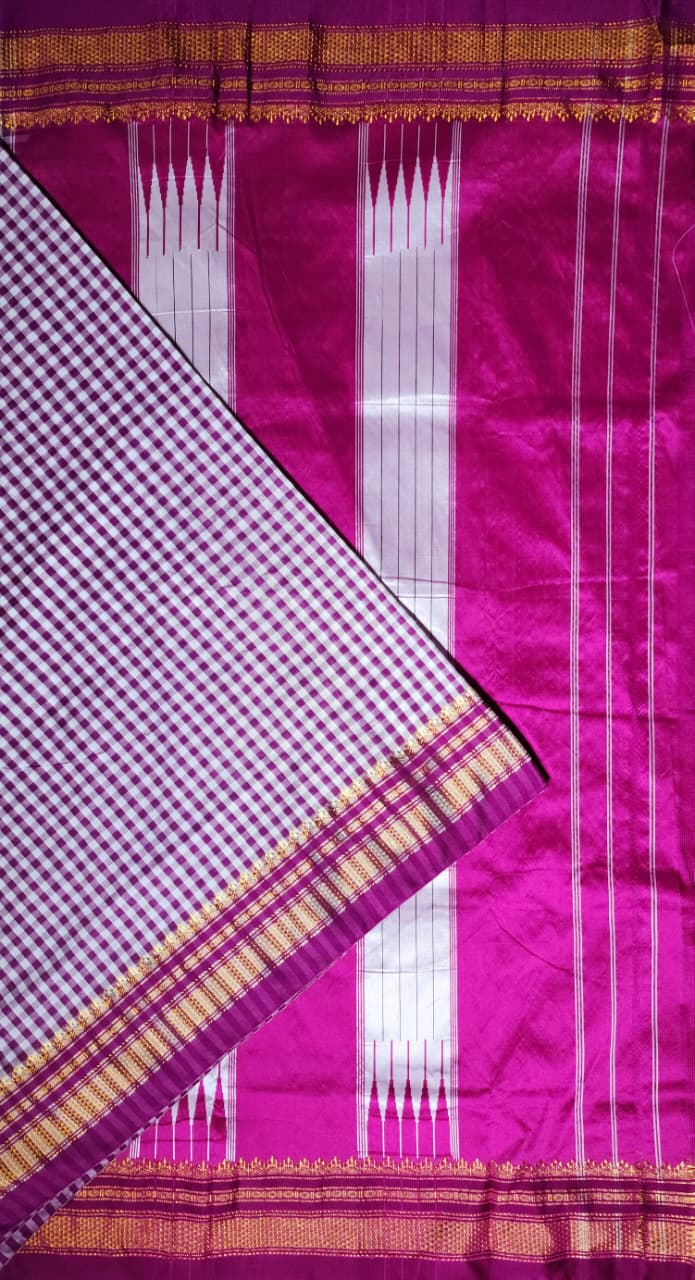 Purple & White mini Checks Ilkal Saree with Traditional Zari Border