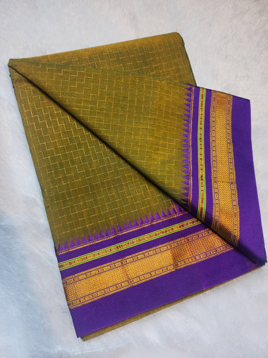 Olive-Green Ilkal Zig-Zag Cotton Saree with Contrast Zari Border & Pallu