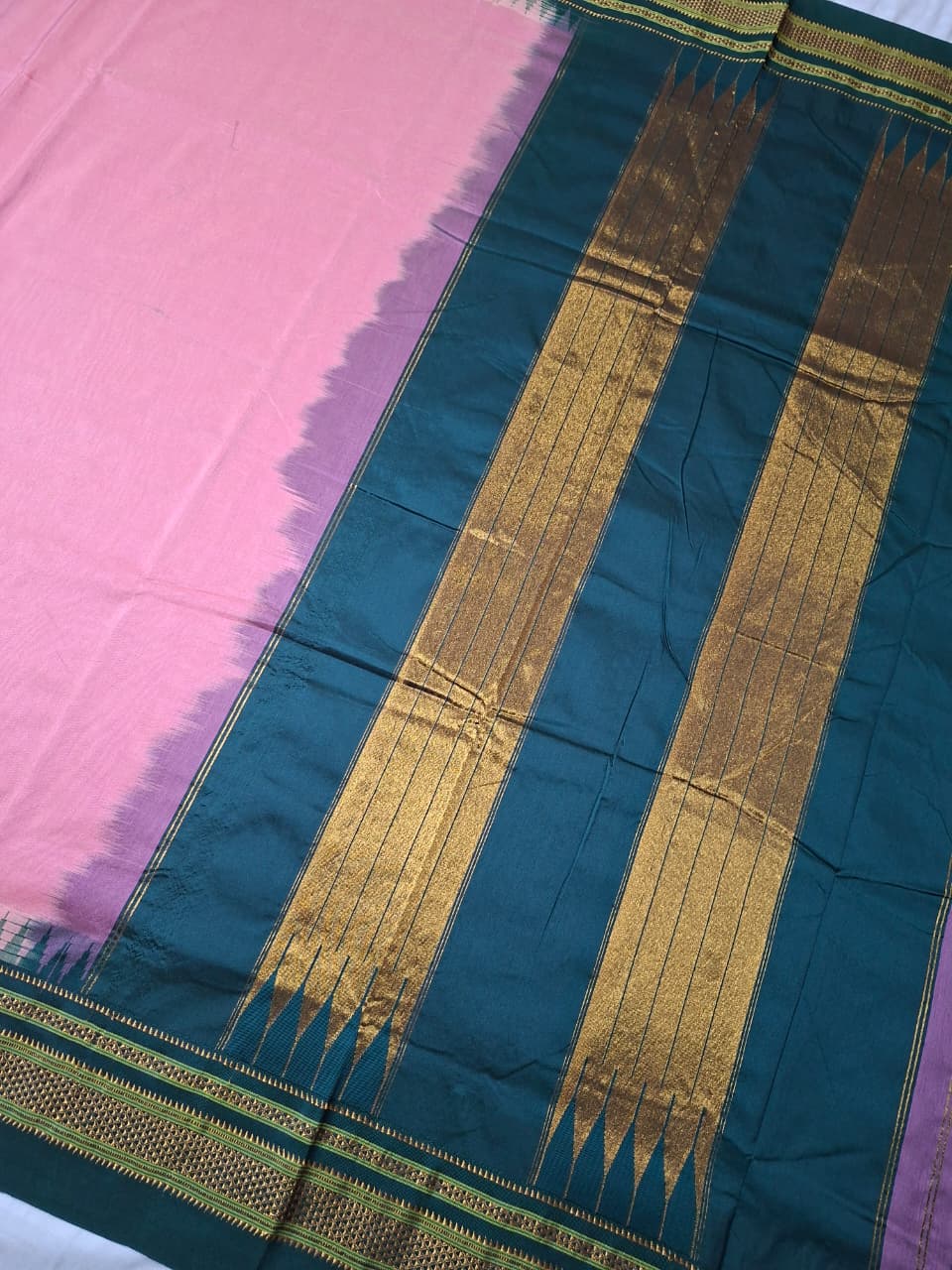 Soft Pink Mini Gadwal Ilkal Saree with Bottle Green Chikki Paras Border