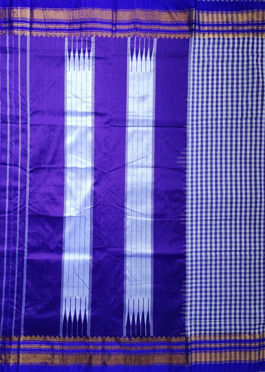 navy Blue & White Ilkal mini Checks Saree with Zari Border