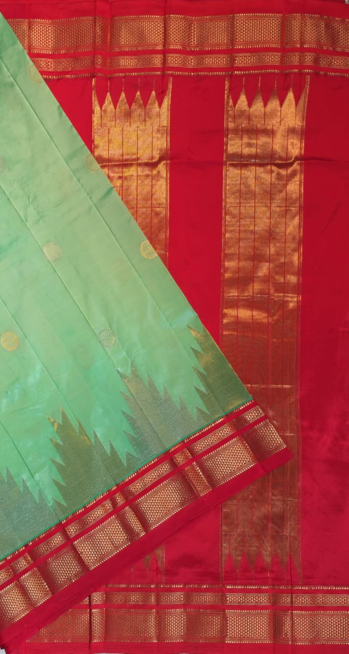 Pista-Green Gadwal Ilkal silk with Two-Colour Zari Temple Tower Border