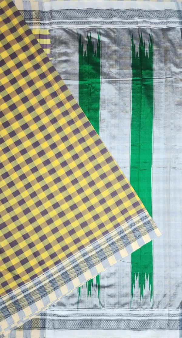 Mustard Yellow Ilkal Cotton Handloom Checks Saree