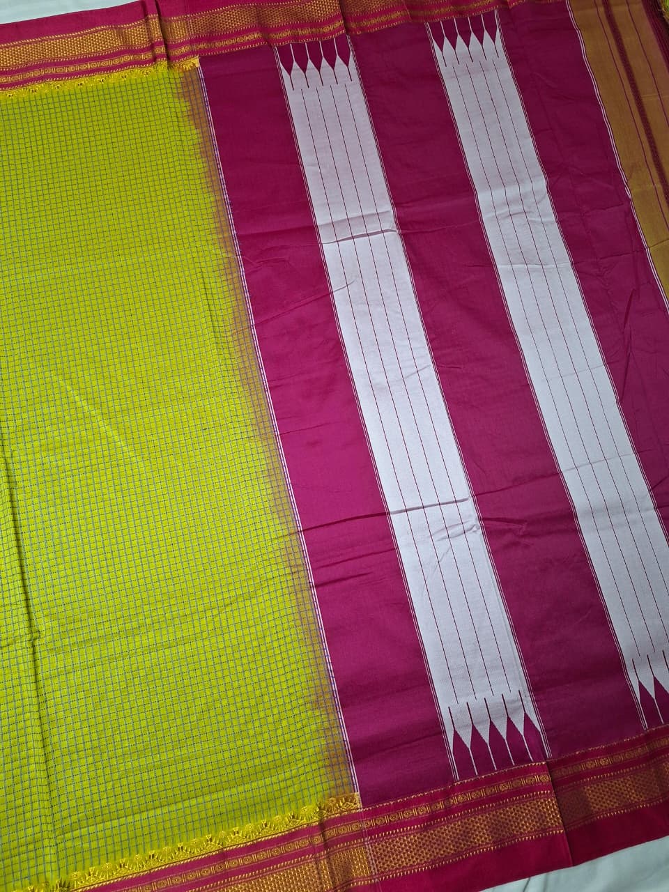 Mustard Yellow thread chaduranga Ilkal with Gadwal  Rani Pink Border
