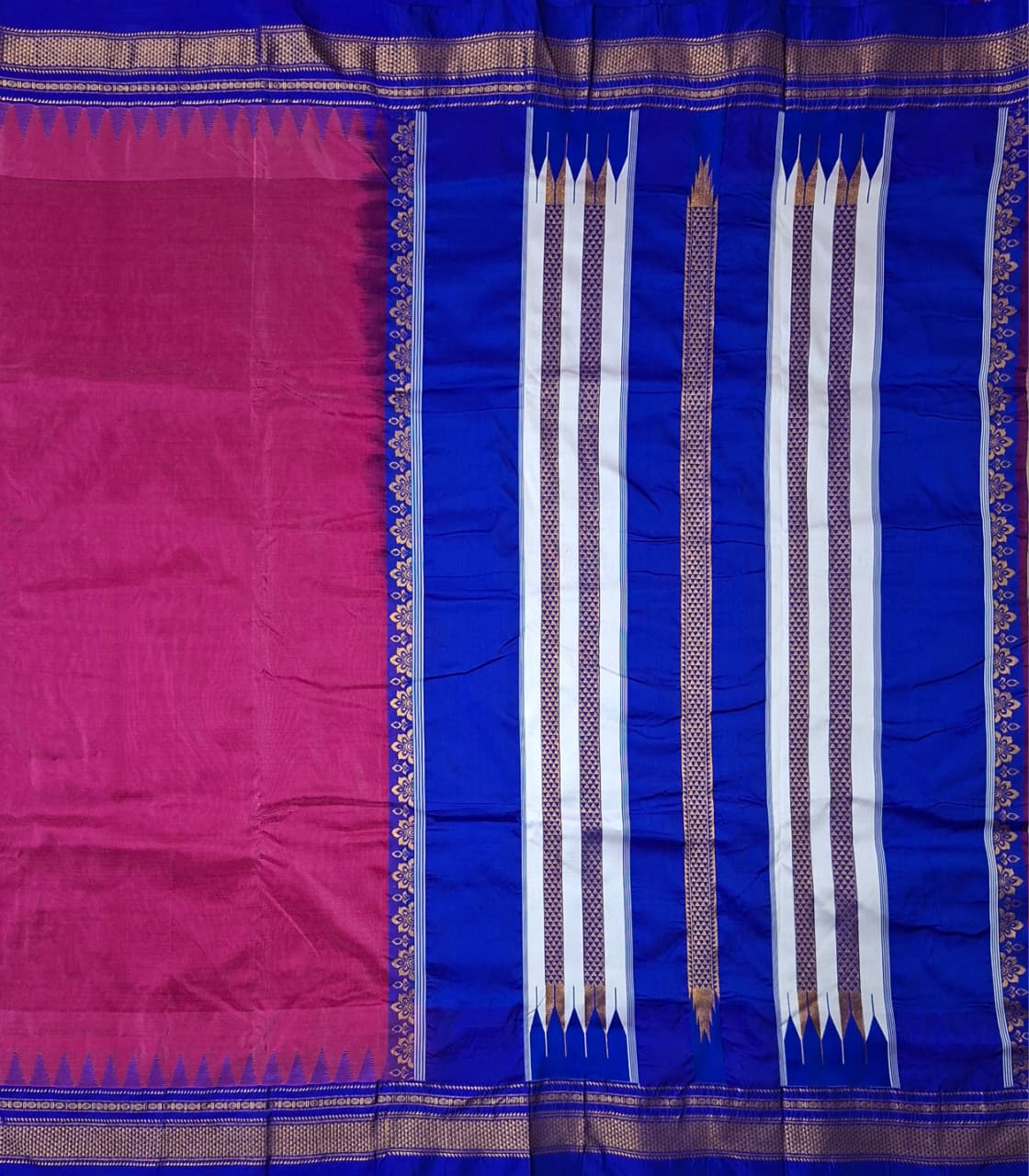 Deep Magenta Ilkal Viscose Silk Saree with Royal Blue Chikki Paras Border