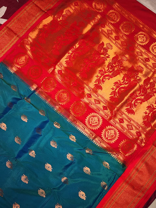 Majestic Navy Blue Paithani Saree with Red Kadiyal  Border