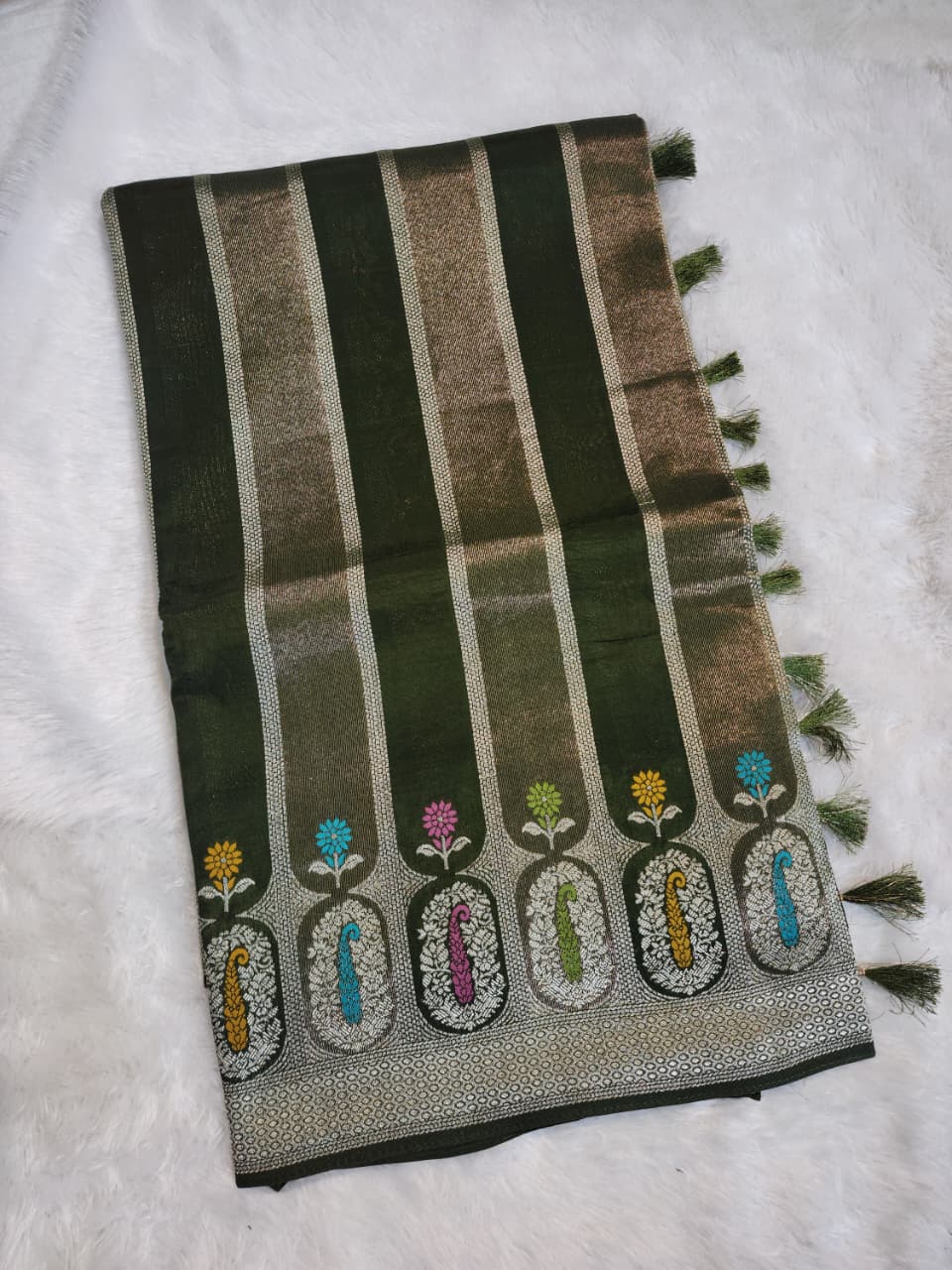 Forest Green Banarasi Silk Saree with Striped Zari Weave & Floral Motifs