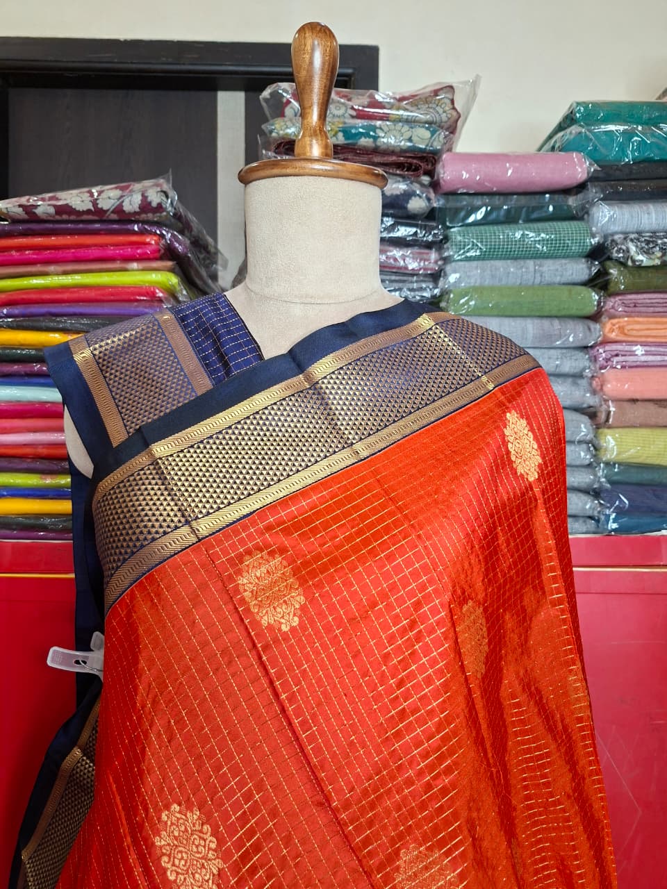 Orange -Navyblue Ilkal Gadwal Pure Silk Saree-Malbar edition with Butta