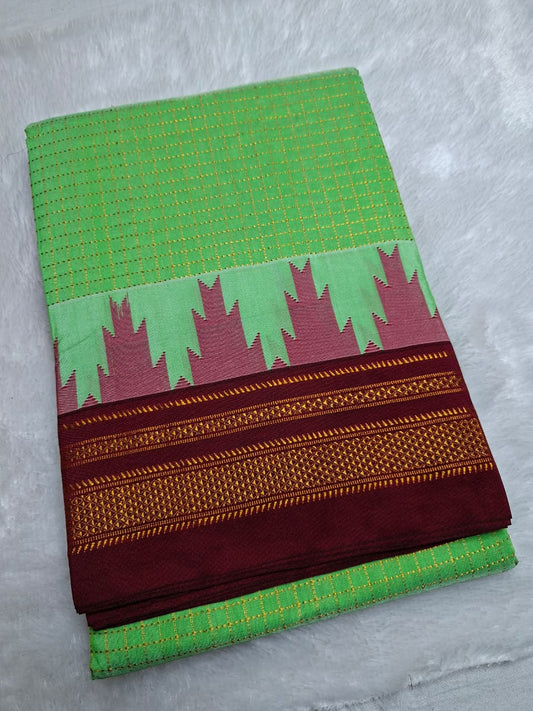 Fresh Green Gadwal Chaduranga Ilkal Cotton Saree with Contrast Zari Border & Pallu