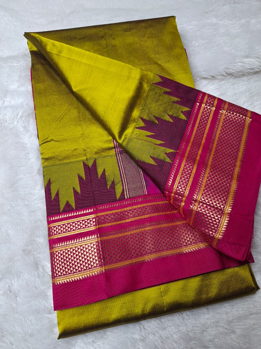 Green -pink plain with temple border ilkal silk