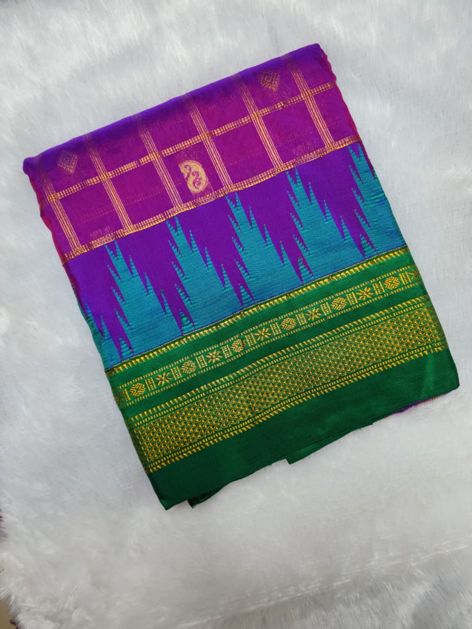Rich Purple and cool Aqua Blue Contrast Silk Saree