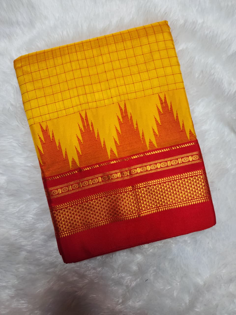 Chaduranga Yellow–Red Ilkal Semi-Silk Saree with Temple Border