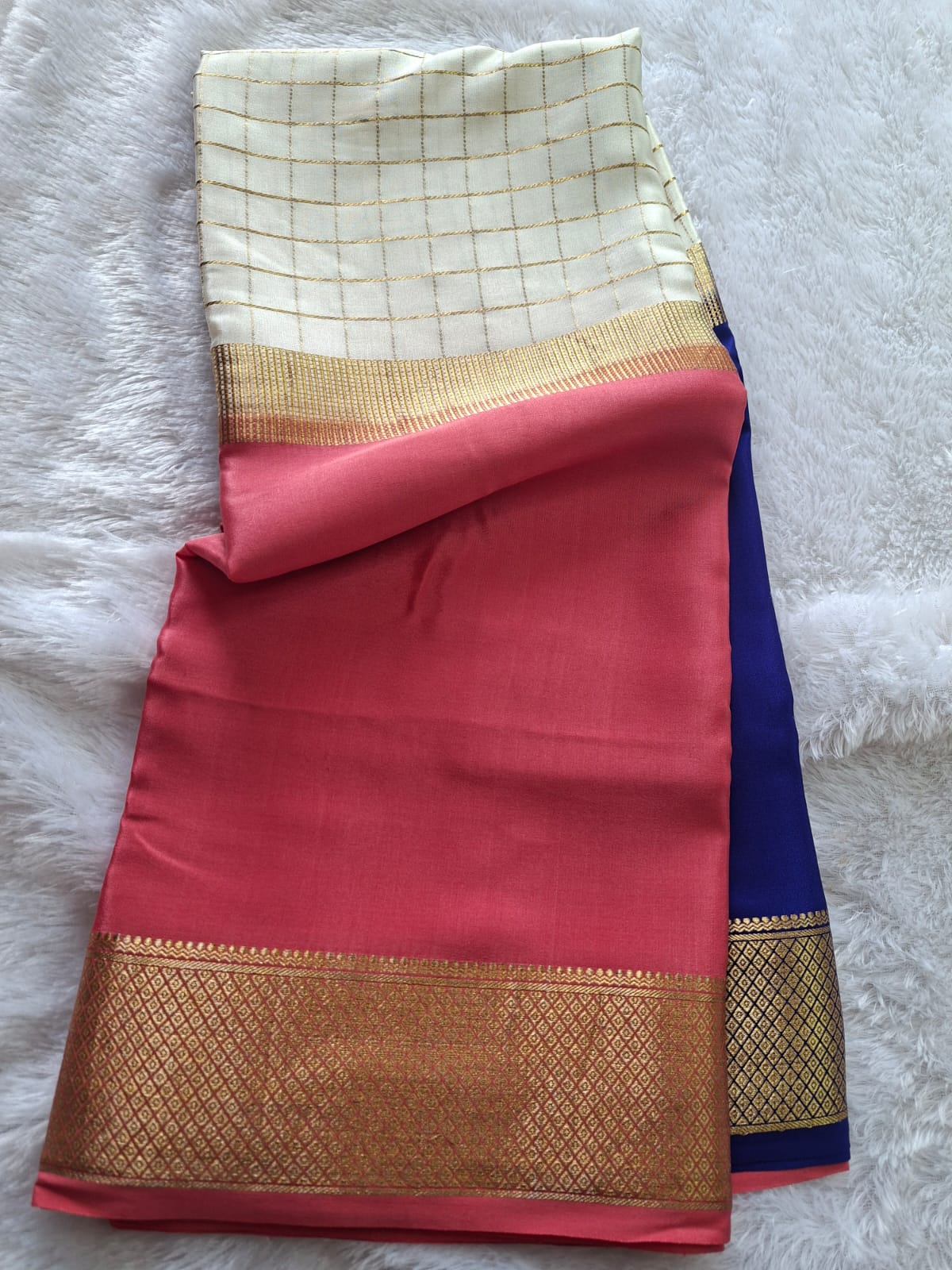Royal Contrast Pure Mysore Silk Saree with Zari Checks & Heritage Border
