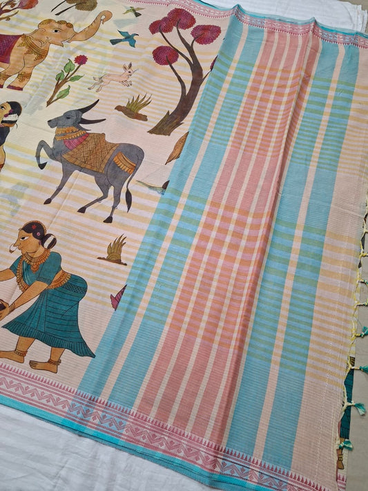 Kalamkari Beige Base-Red border Khadi Cotton with Digital Print