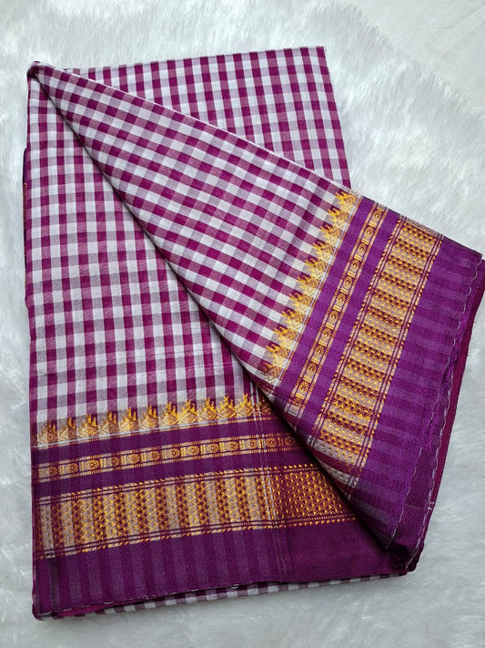 Purple & White Ilkal Mini Checks Saree