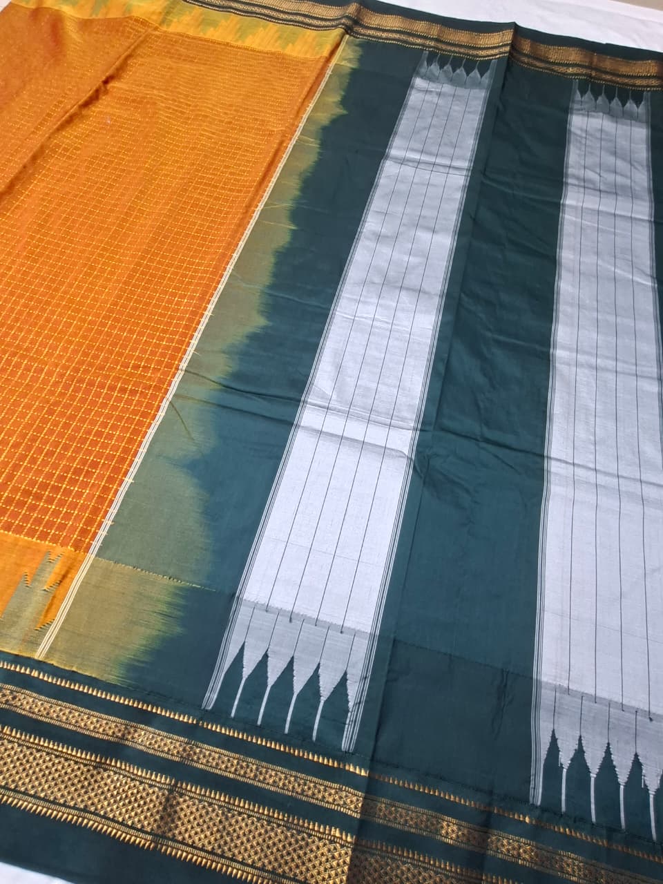 Rust Orange Gadwal Chaduranga Ilkal Cotton Saree with Contrast Zari Border & Pallu
