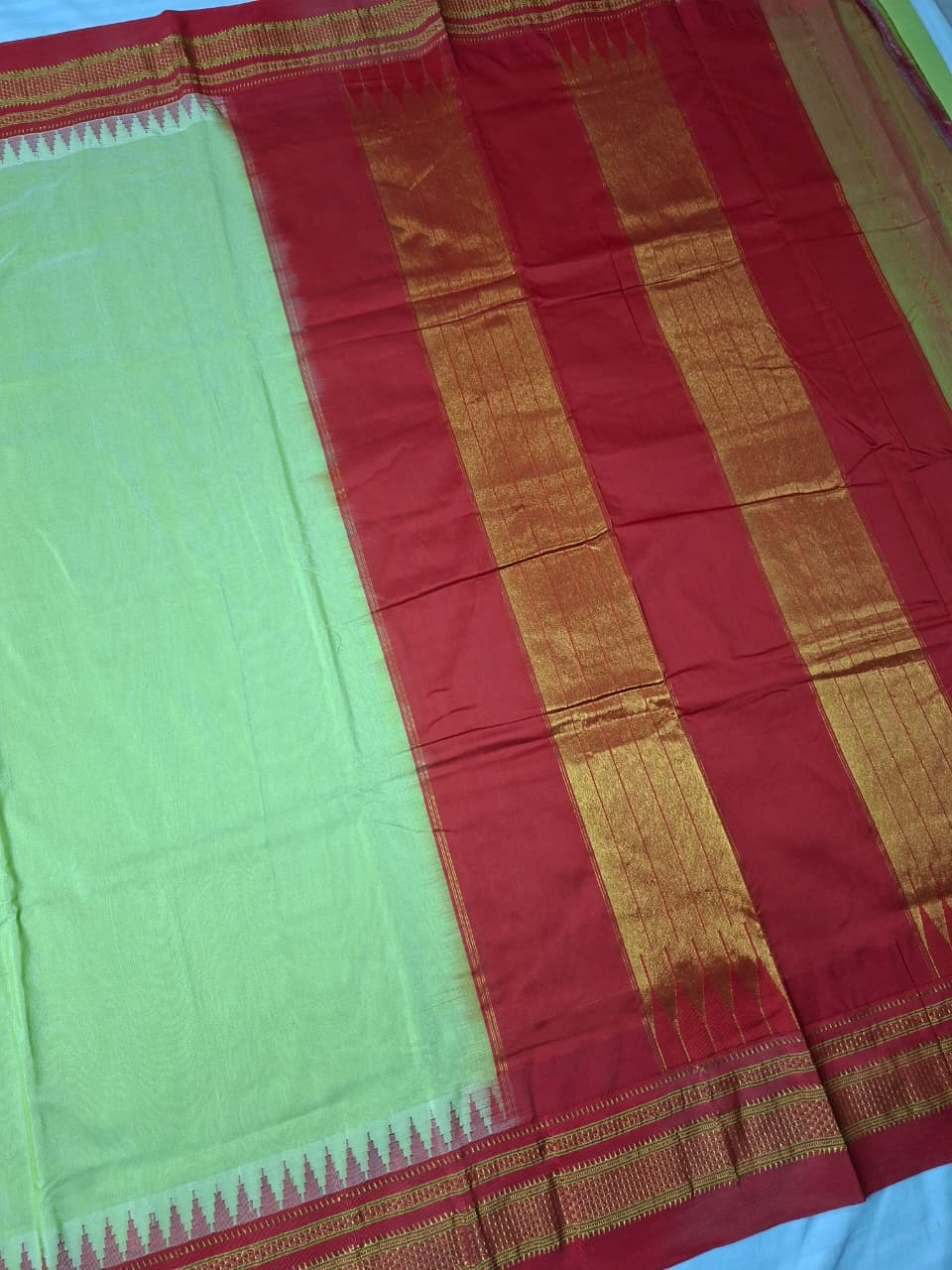 Pastel Pistachio Green Mini Gadwal Ilkal Saree with Vermilion Red Chikki Paras Border