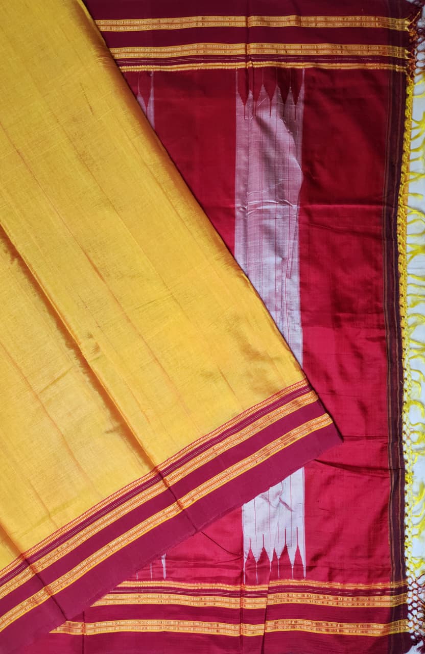 Yellow–Maroon Ilkal Viscose Saree with Gayathri Border