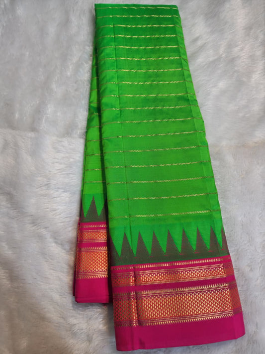 Leaf Green Pure Ilkal Gadwal Silk Saree with Necklace Zari Lines