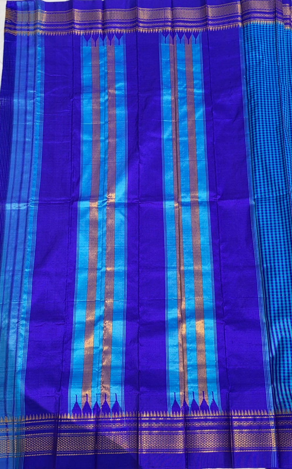 light blue  Checks - dark blue Border Pure Ilkal Silk Saree