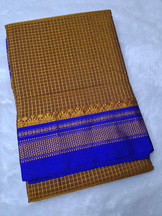 Antique Mustard Mini Checks Ilkal Gadwal Chikki Paras Saree with Royal Blue Border