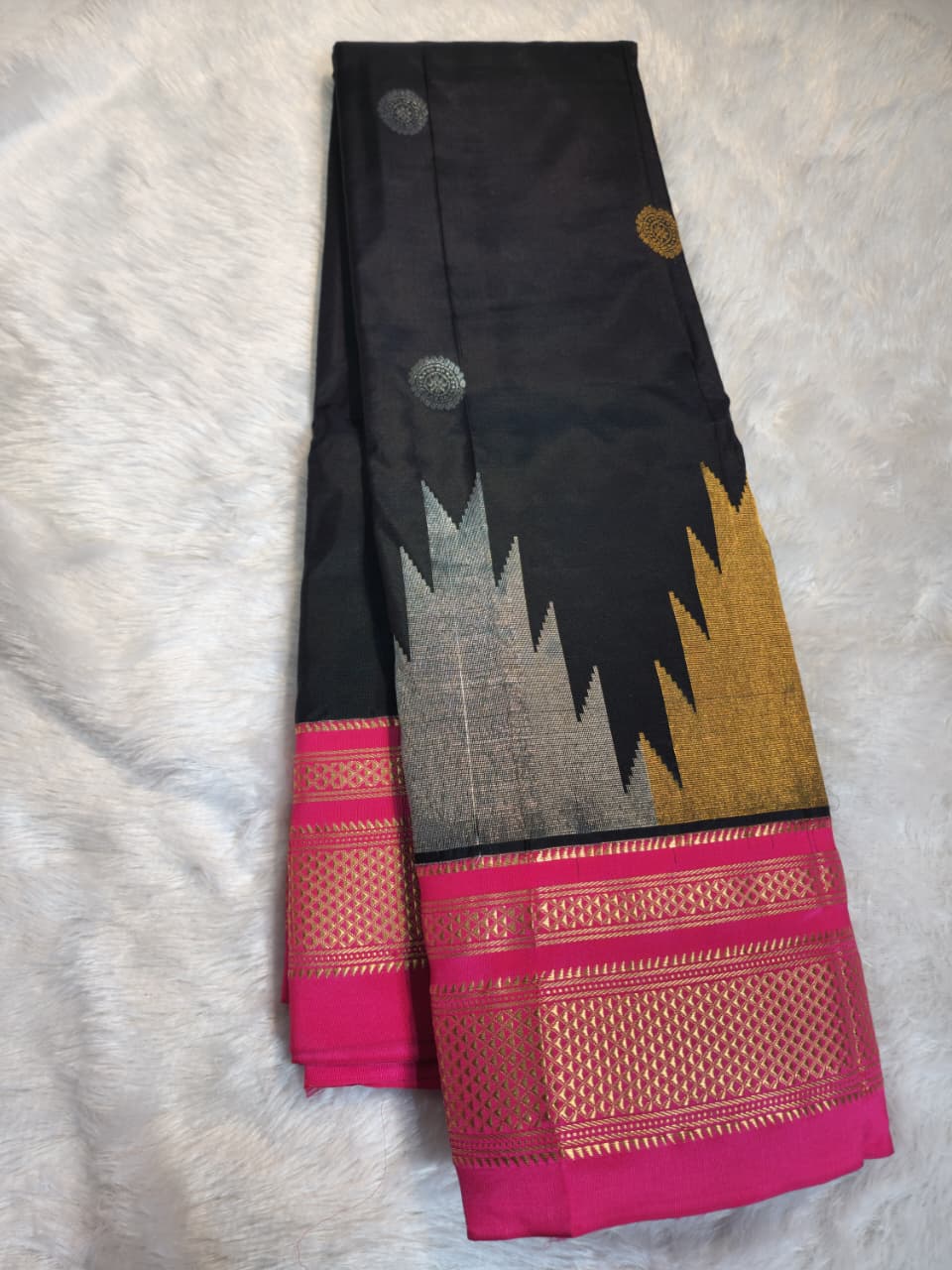 Black Gadwal Ilkal Silk with Two-Colour Zari Temple Tower Border