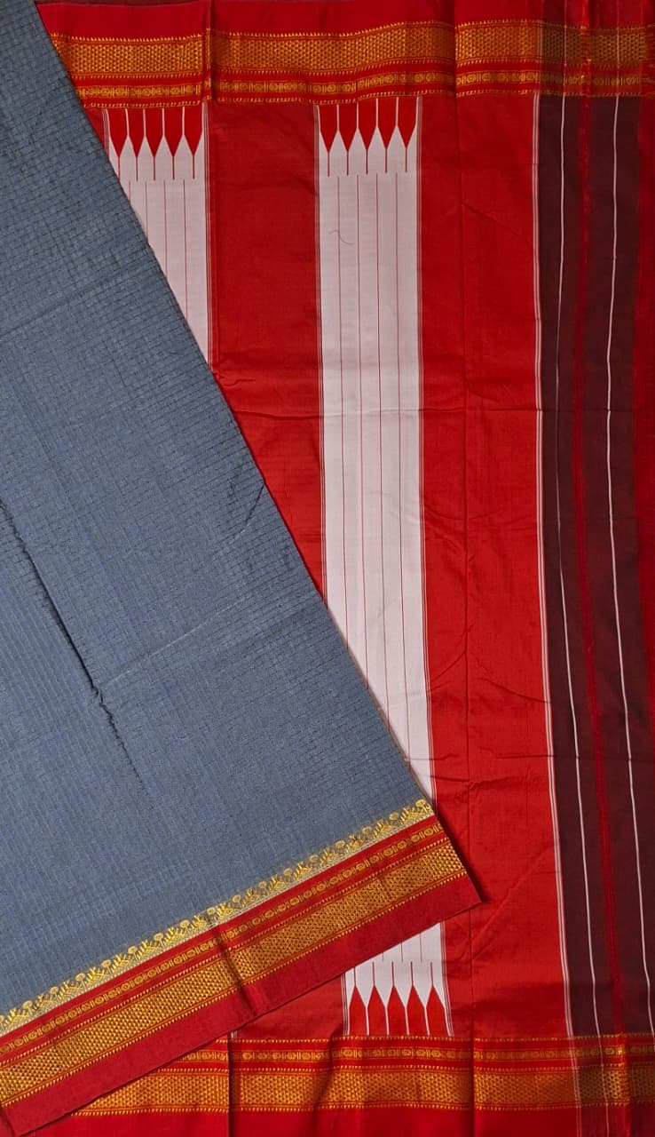 Steel Grey thread chaduranga Ilkal with Gadwal Vermilion Red Border
