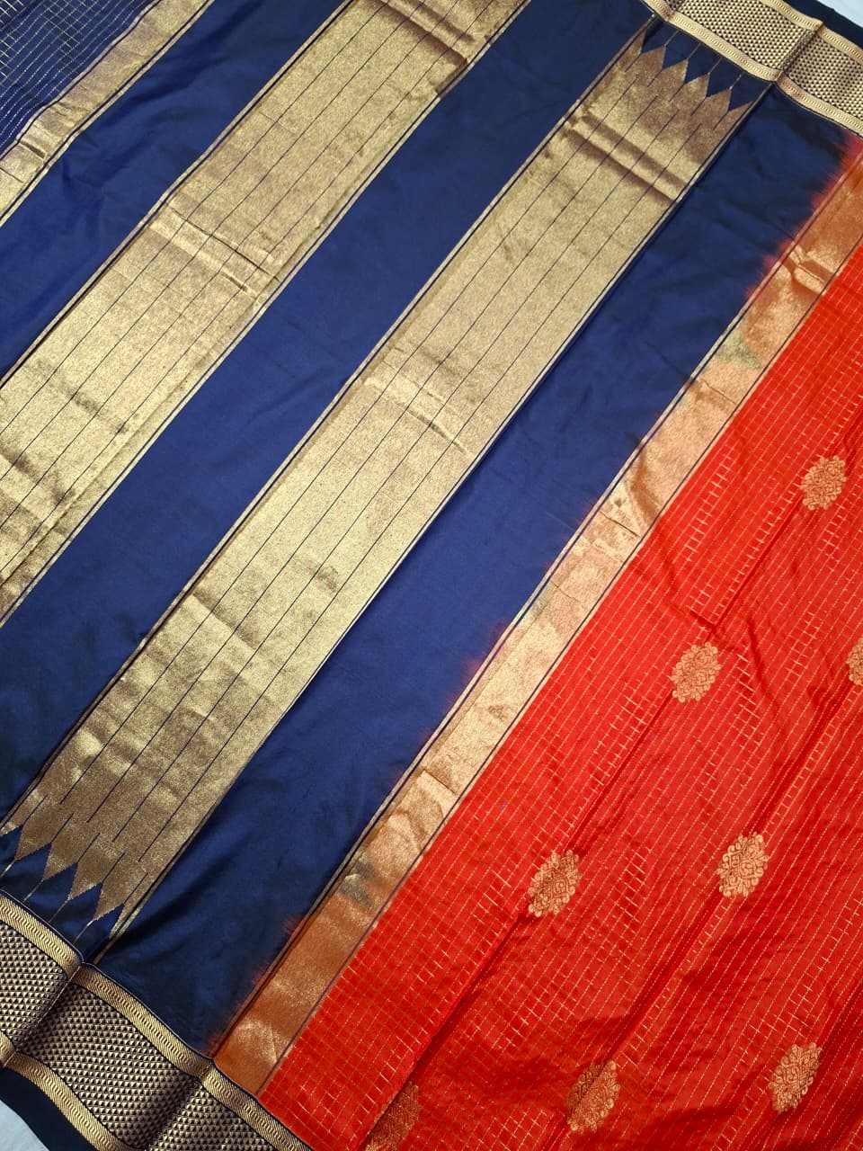 Orange -Navyblue Ilkal Gadwal Pure Silk Saree-Malbar edition with Butta