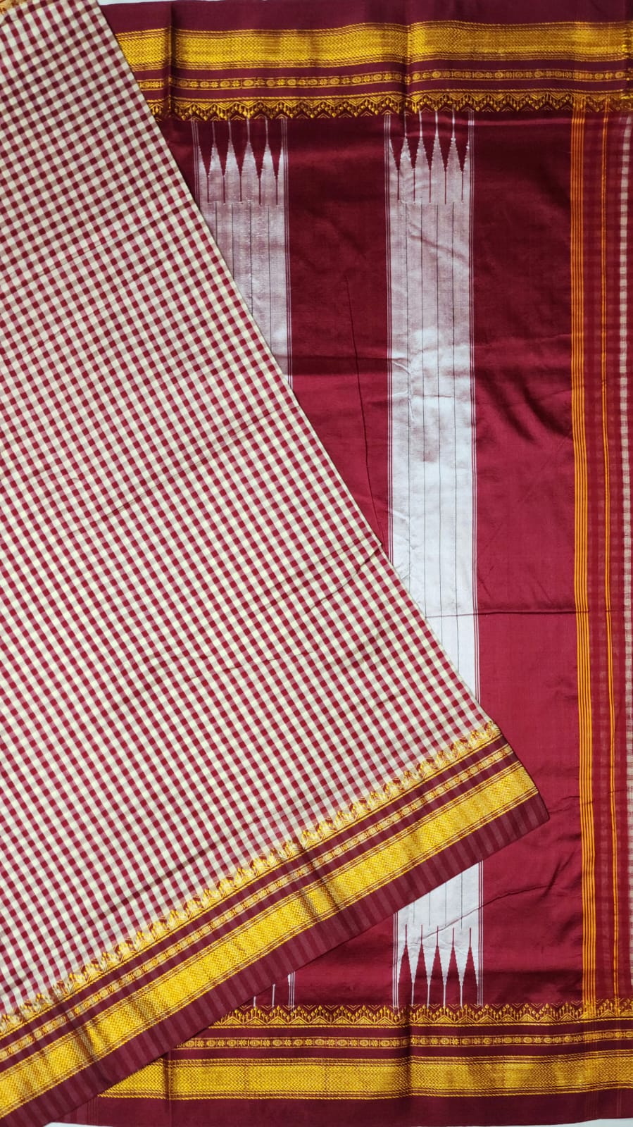 Wine Maroon & ivory Ilkal mini Checks Saree with Rich Pallu