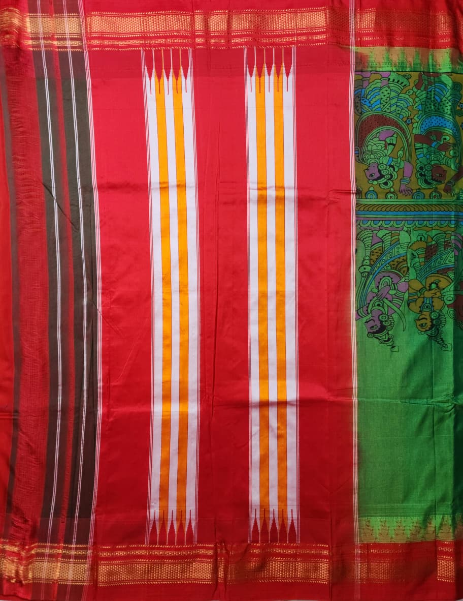 green Kalamkari Fusion Saree – Vishnu Artwork Edition