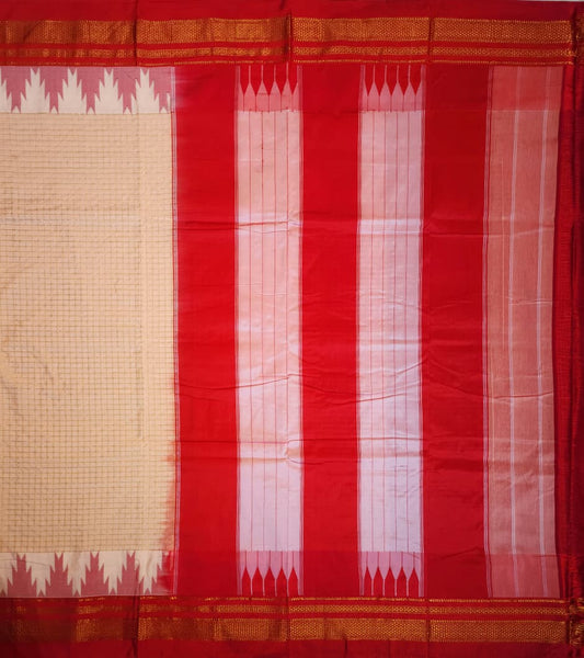 Peach-Beige Gadwal Chaduranga Ilkal Cotton Saree with Contrast Zari Border & Pallu
