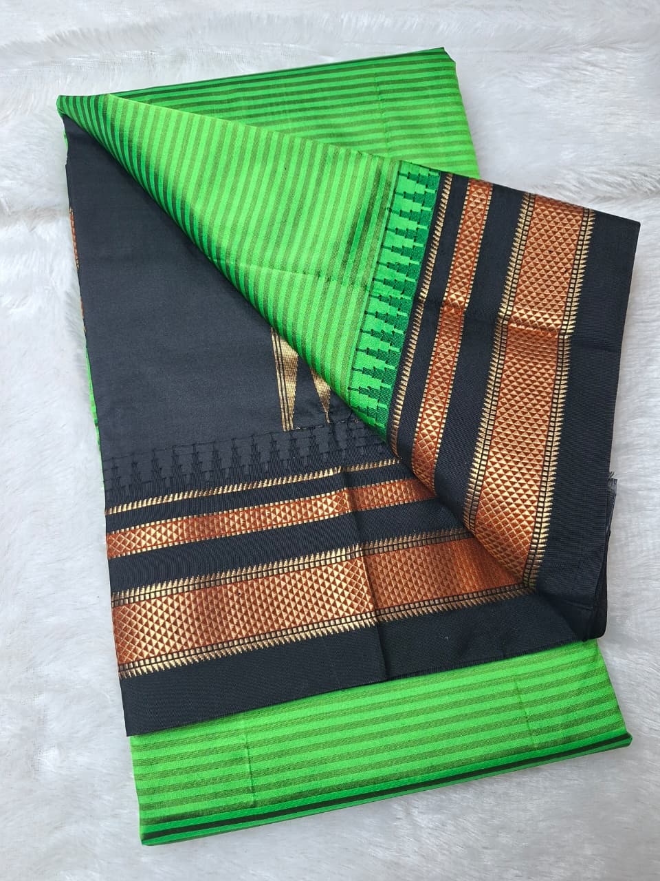 Green Gadwal Pure Ilkal Silk Saree with Rapid Stripes