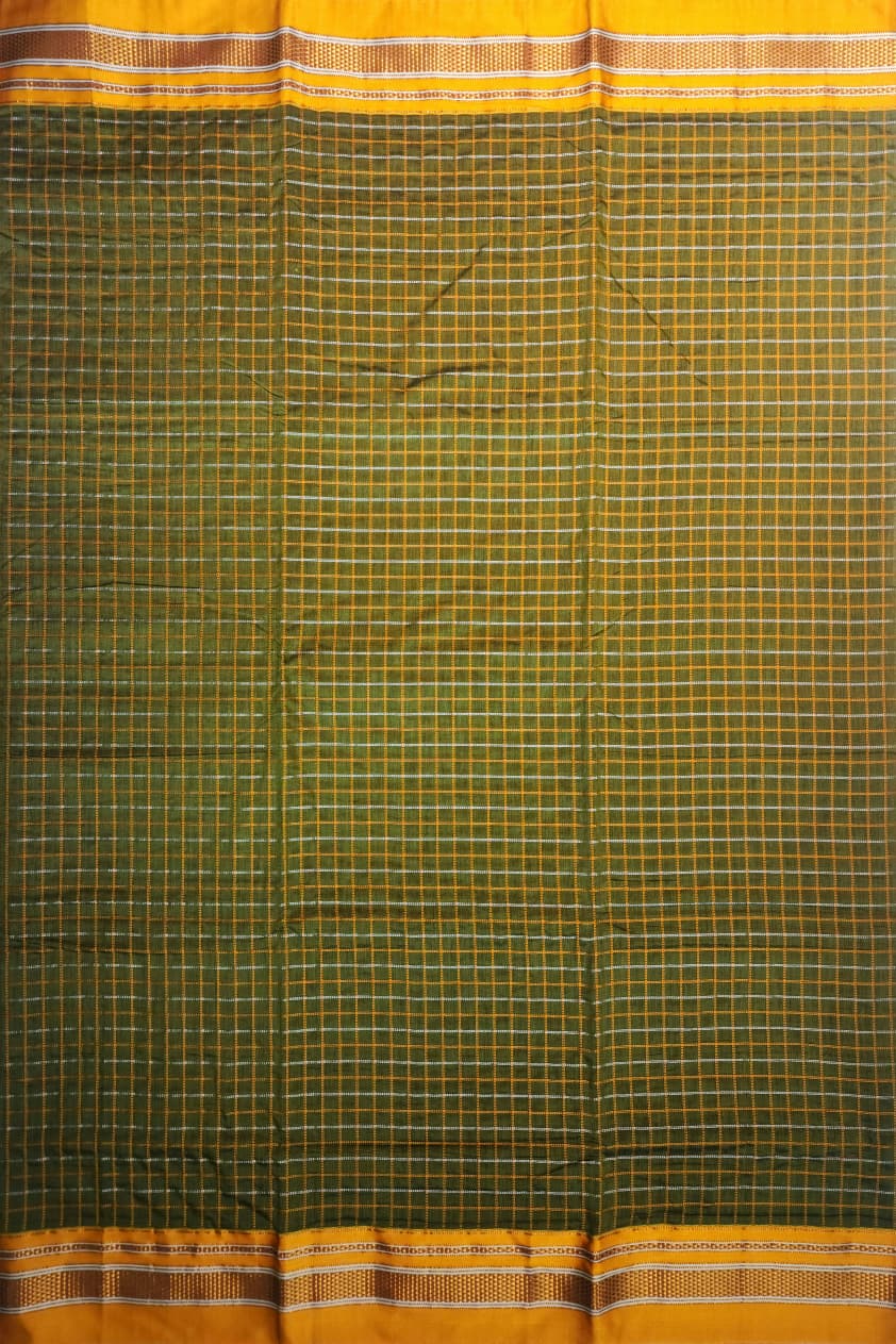 Olive green Double Checks Ilkal Cotton Saree with Mustard Zari Border