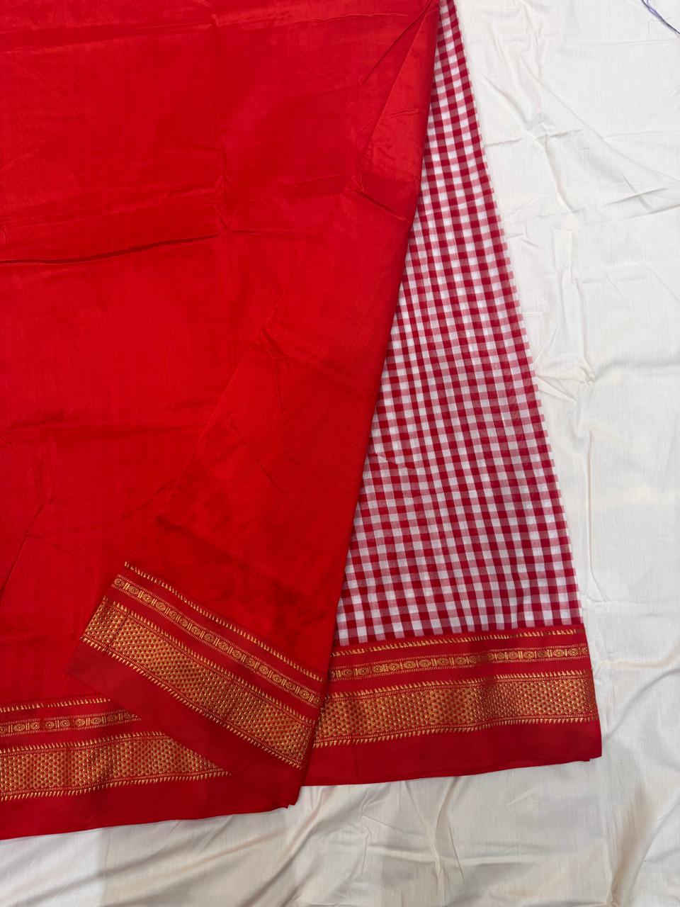 Premium Red & White Ilkal Mini Checks Saree with Gadwal border