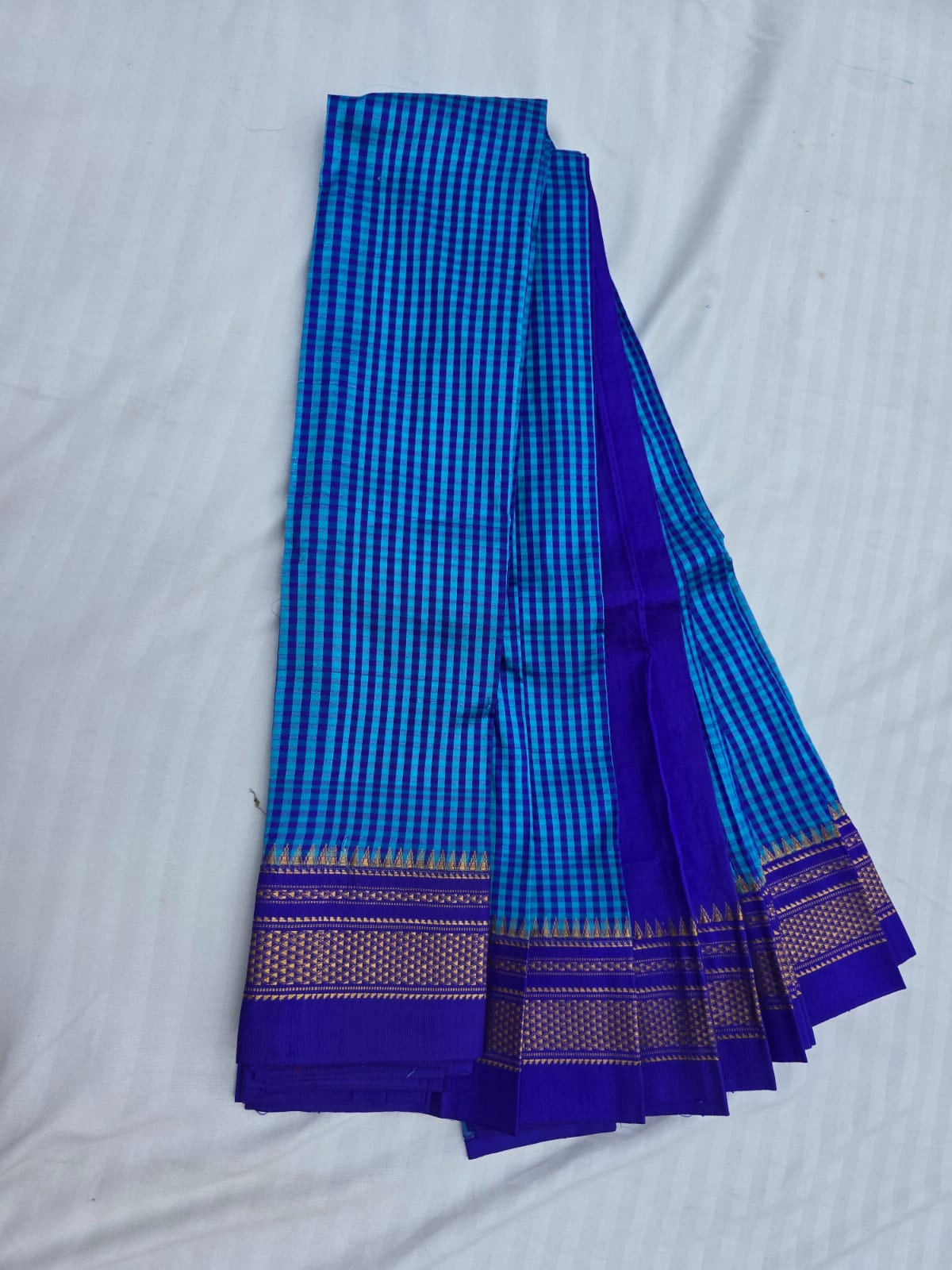 light blue  Checks - dark blue Border Pure Ilkal Silk Saree
