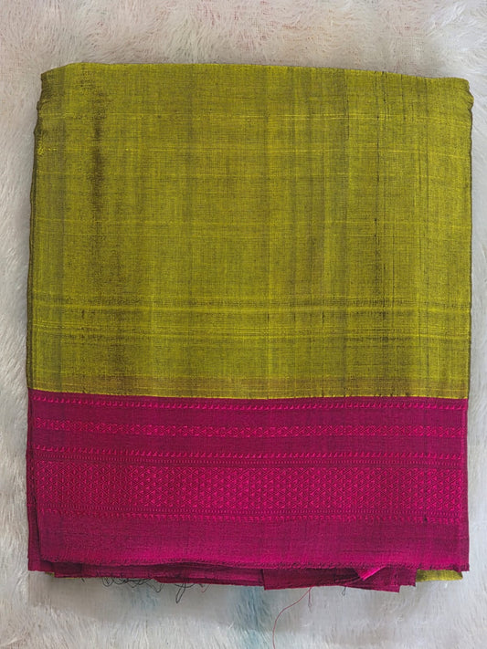Olive Green-Pink Ilkal Viscose Handloom Saree with Silk Pallu