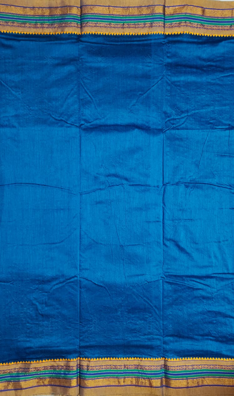 Deep Blue Ilkal Kasuti Saree with Temple Chariot & Elephant Motifs