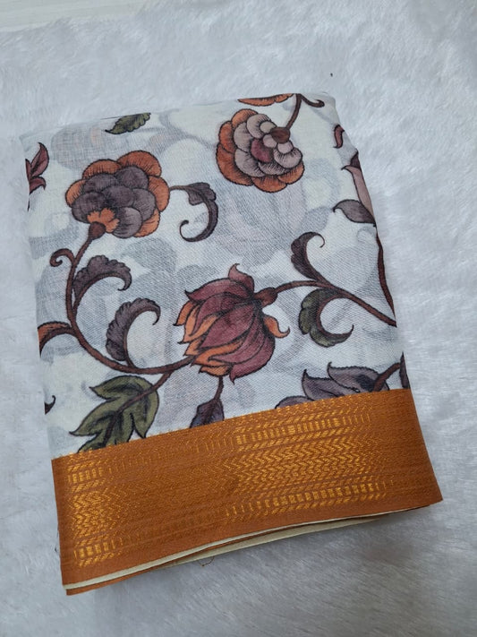 Off White Floral Cotton- flower Kalamkari Saree