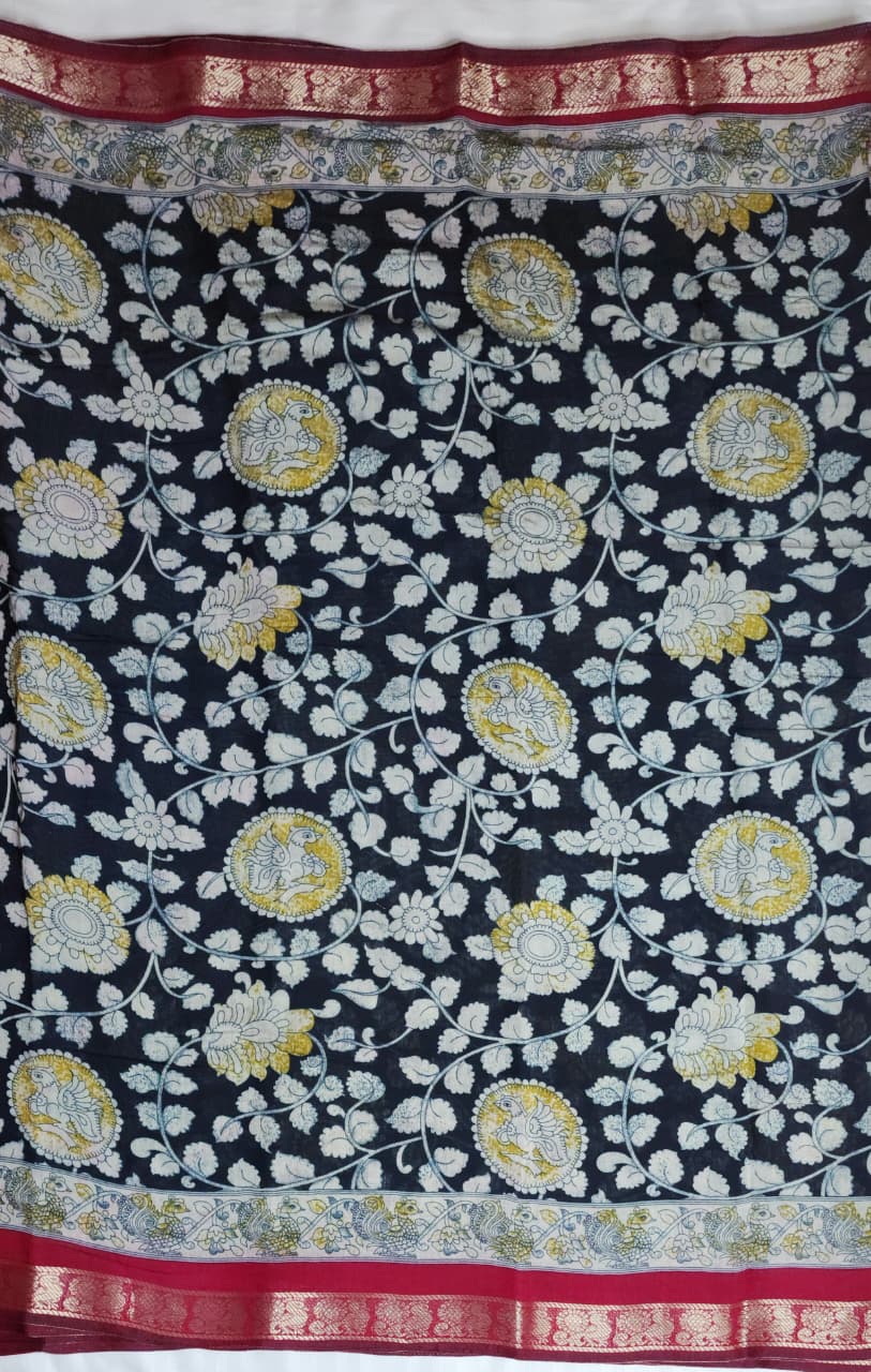 Midnight Blue & Ivory Kalamkari Cotton Saree with Red Zari Border
