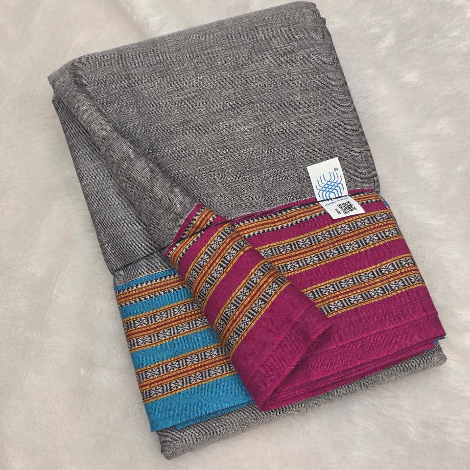 Grey - Pink & Blue Ilkal handloom Patteda Anchu-Gayatri Border