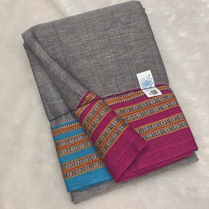 Grey - Pink & Blue Ilkal handloom Patteda Anchu-Gayatri Border
