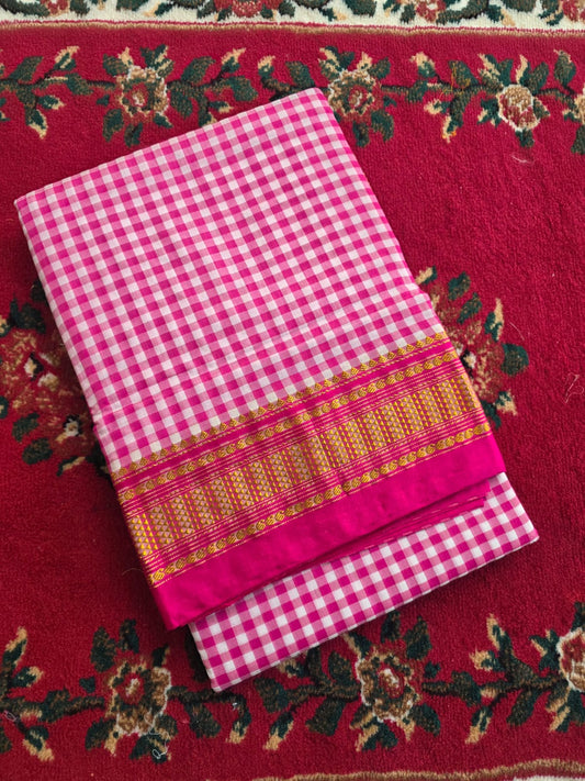 Classic pink & White Ilkal Mini Checks Saree