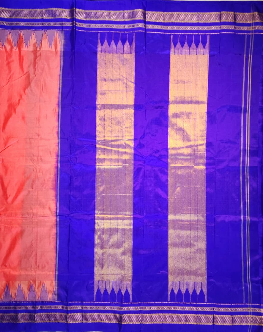 Coral Red Plain Ilkal Silk with Big Temple Border