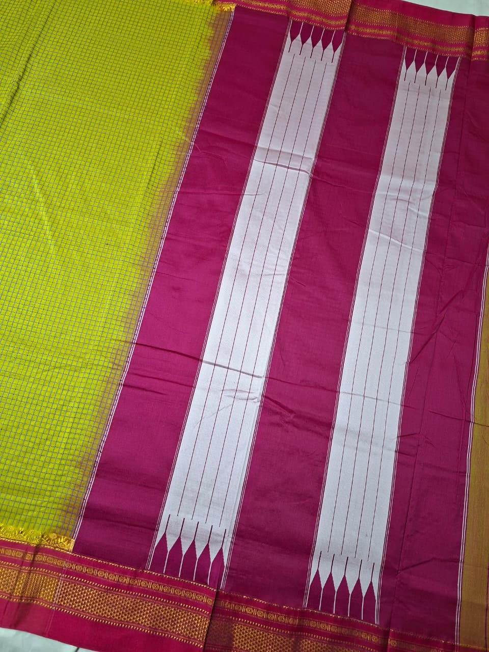 Mustard Yellow thread chaduranga Ilkal with Gadwal  Rani Pink Border