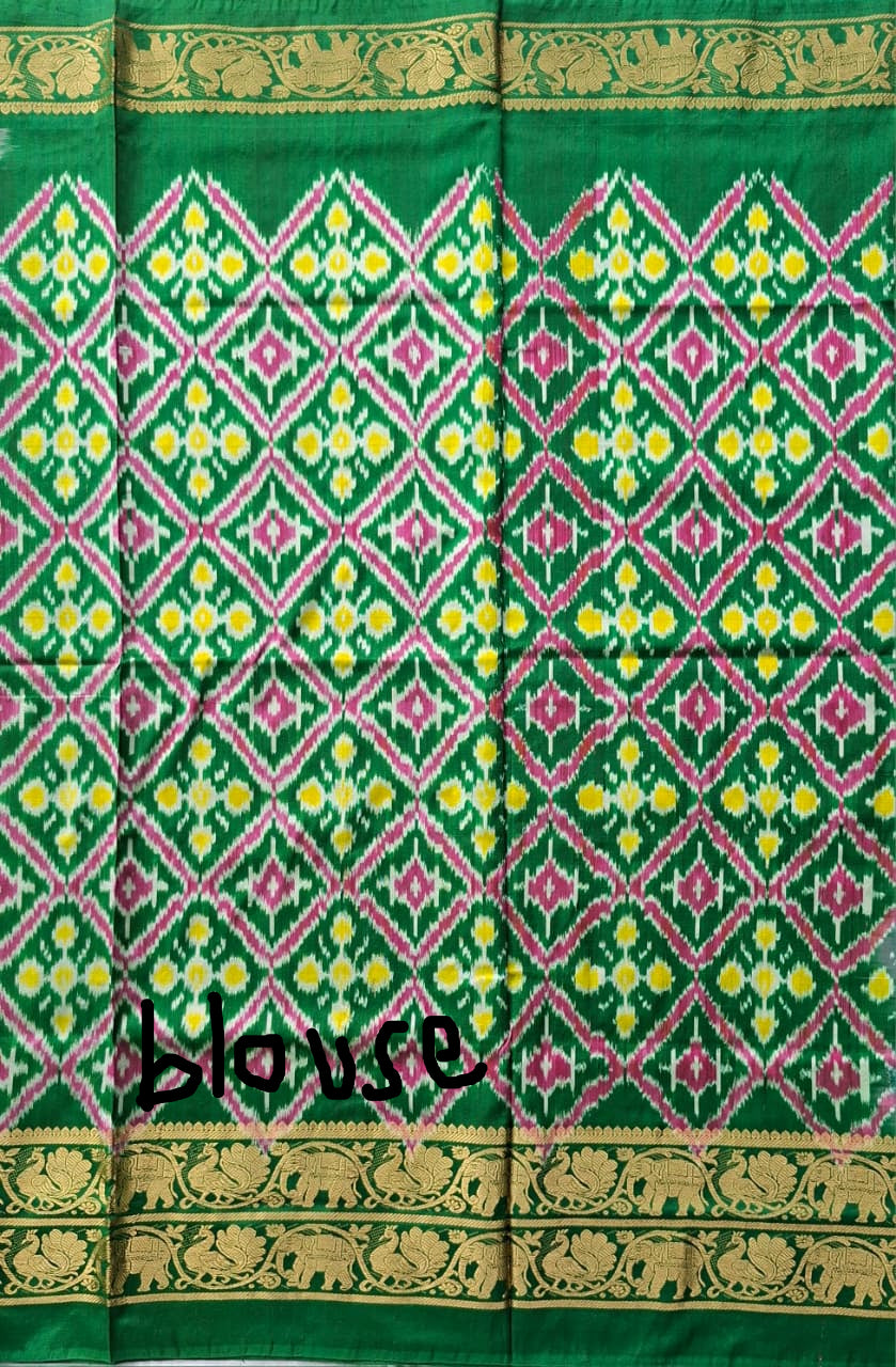 White-Green Plain Handloom Pochampally pure silk with Ikkat design blouse