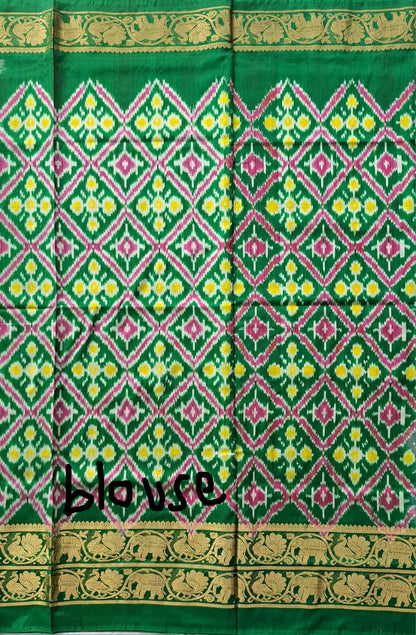 White-Green Plain Handloom Pochampally pure silk with Ikkat design blouse